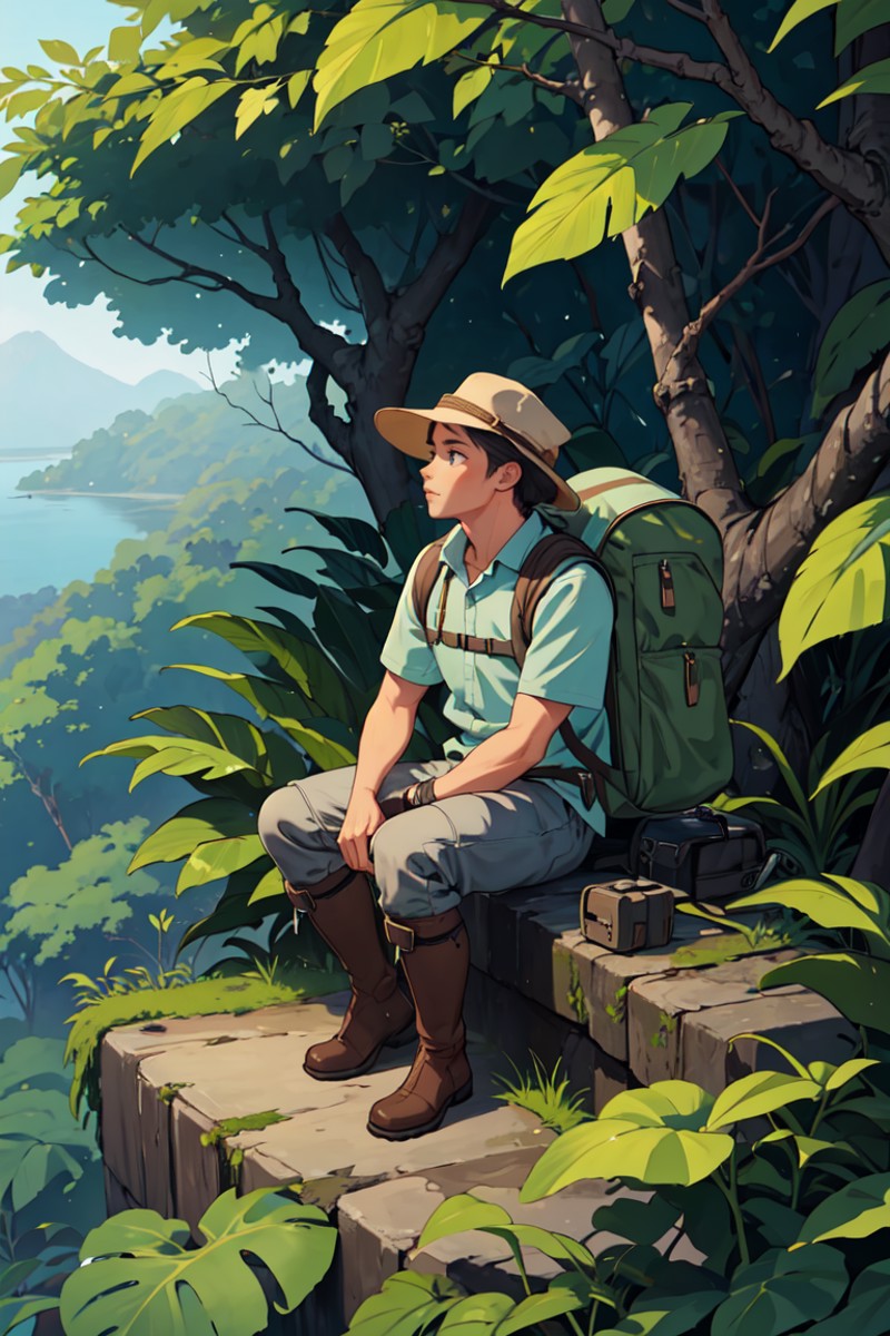 (masterpiece, best quality), 1man, explorer, jungle, sitting, boots, hat, backpack,scenery,<lora:GoodHands-beta2:1>,